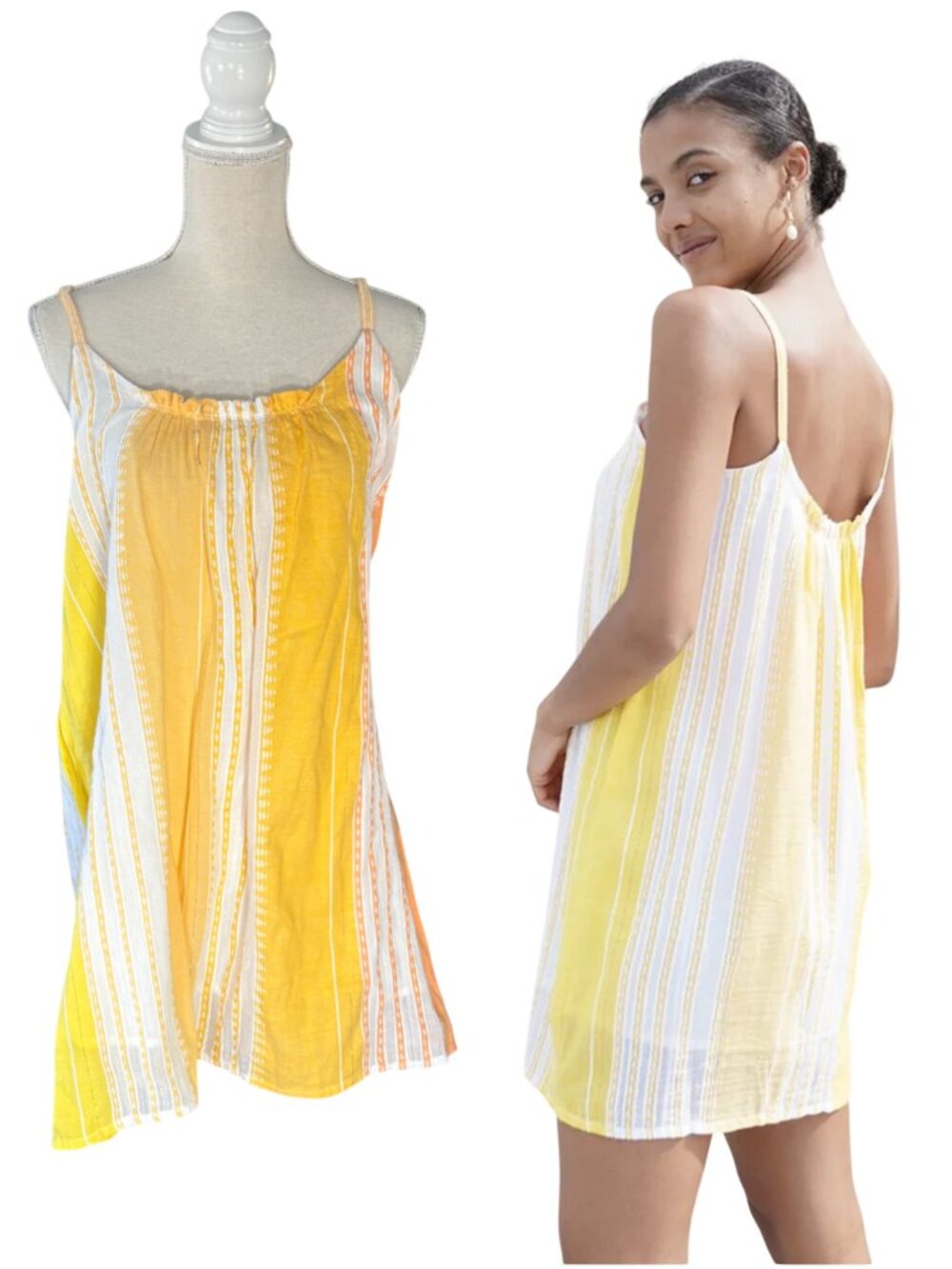 Lemlem Eshal Swing Dress size M medium striped cotton gauze mini yellow orange